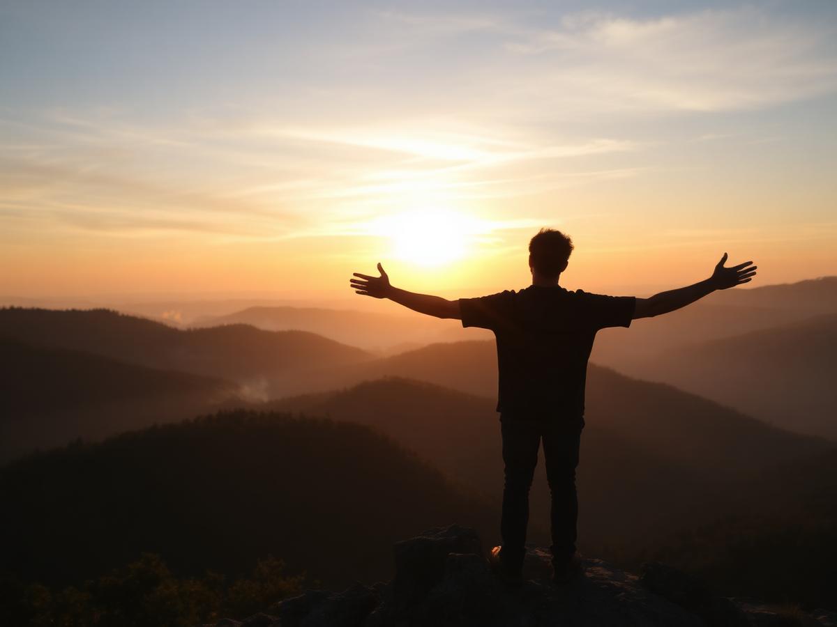 A person embracing the sunrise from a mountain top